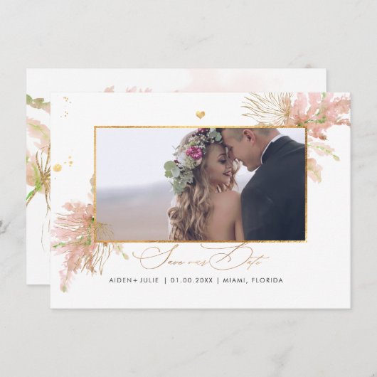 Save The Date PixDezines Rose Pampas Faux Palms Ventilateurs Or (Devant / Derrière)