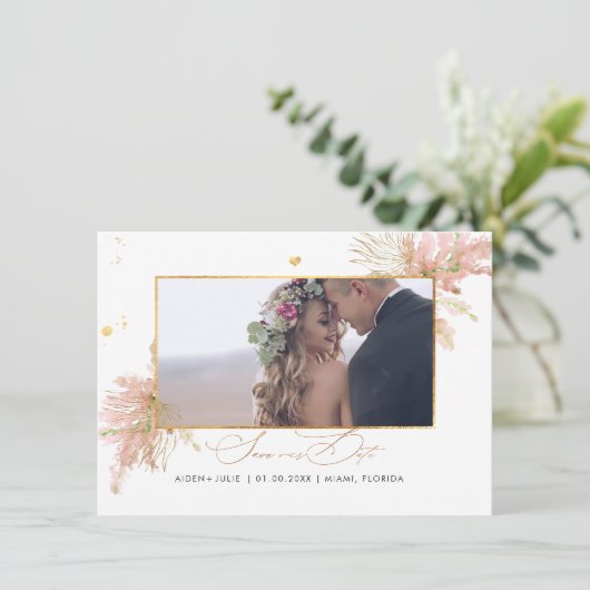 Save The Date PixDezines Rose Pampas Faux Palms Ventilateurs Or (Debout devant)