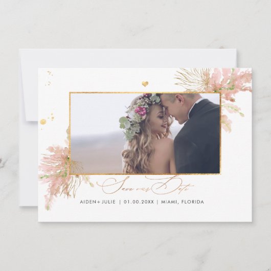 Save The Date PixDezines Rose Pampas Faux Palms Ventilateurs Or (Devant)