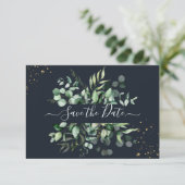 Save The Date PixDezines Rustique Eucalyptus Navy en or (Debout devant)