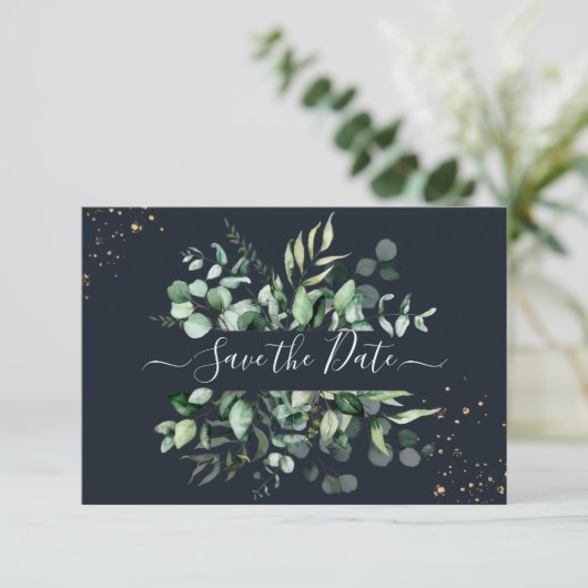 Save The Date PixDezines Rustique Eucalyptus Navy en or (Debout devant)