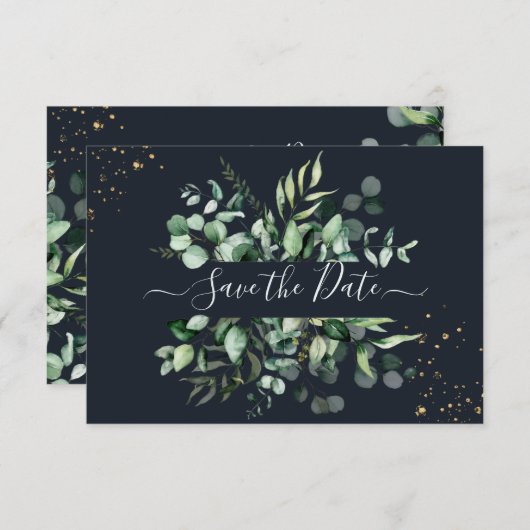 Save The Date PixDezines Rustique Eucalyptus Navy en or (Devant / Derrière)