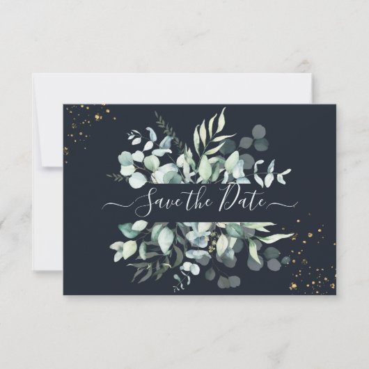 Save The Date PixDezines Rustique Eucalyptus Navy en or (Devant)