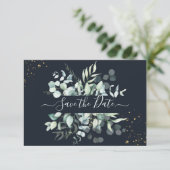 Save The Date PixDezines Rustique Eucalyptus Navy en or (Debout devant)