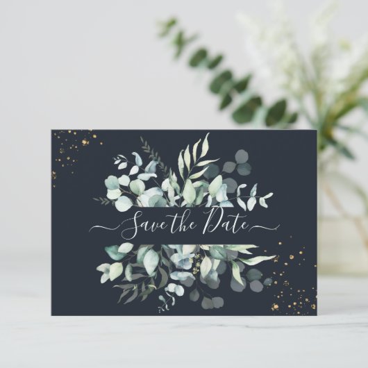 Save The Date PixDezines Rustique Eucalyptus Navy en or (Debout devant)