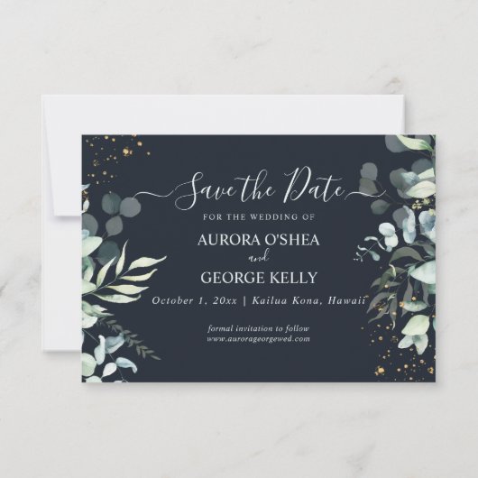 Save The Date PixDezines Rustique Eucalyptus Navy en or (Dos)