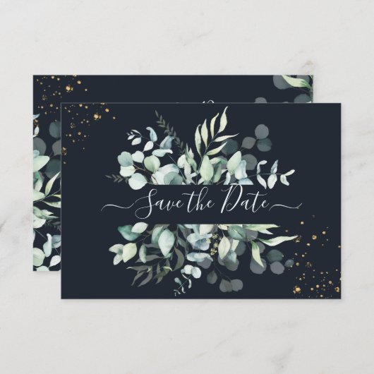 Save The Date PixDezines Rustique Eucalyptus Navy en or (Devant / Derrière)