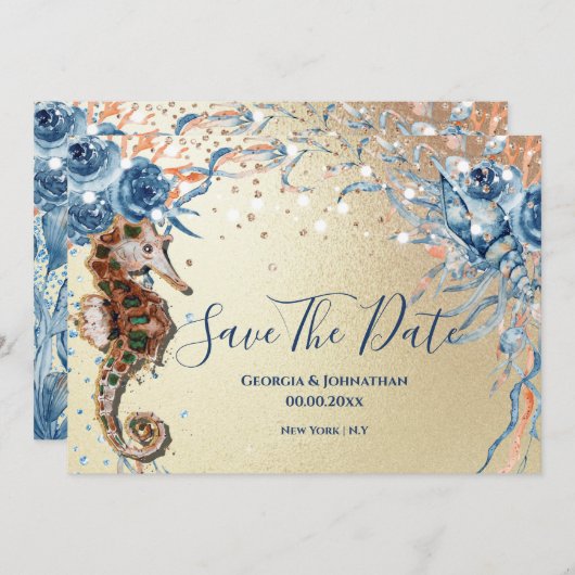 Save The Date Plage carapace d'eau île océan bleu orange (Devant / Derrière)