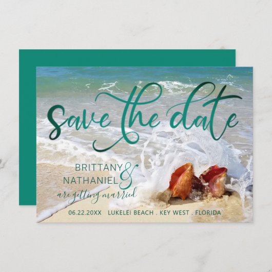 Save The Date Plage côtière tropicale Destination Coques de mari (Devant / Derrière)