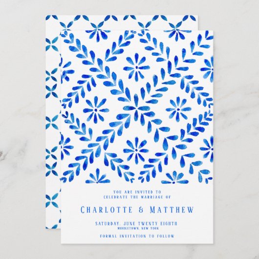 Save The Date Plage de Carrelage Bleu Méditerranéen Mariage d'ét (Devant / Derrière)