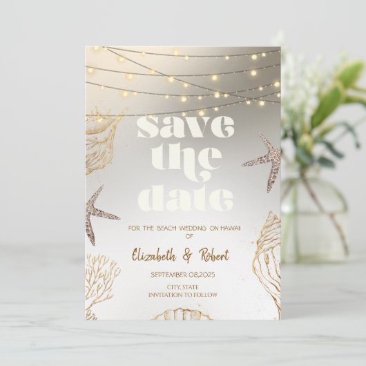 Save The Date Plage Mariage Cool Coquillages, Lumières Enregistr (Debout devant)