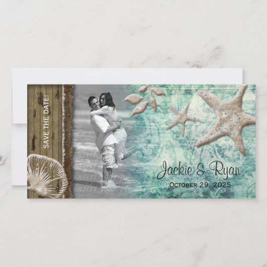 Save The Date Plage Mariage Photocard Coquillage Sage Vert (Devant)