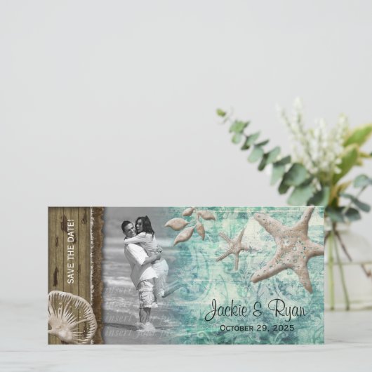 Save The Date Plage Mariage Photocard Coquillage Sage Vert (Debout devant)