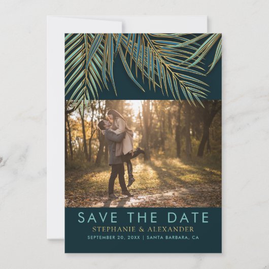 Save The Date Plage moderne Palm Gold Turquoise Vert Mariage tro (Devant)