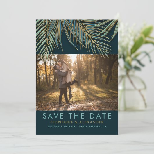 Save The Date Plage moderne Palm Gold Turquoise Vert Mariage tro (Debout devant)