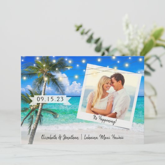 Save The Date Plage Photo Palm String Lumières Destination (Debout devant)