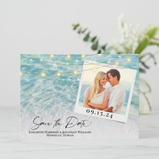 Save The Date Plage Photo Palm String Lumières Destination Maria (Debout devant)