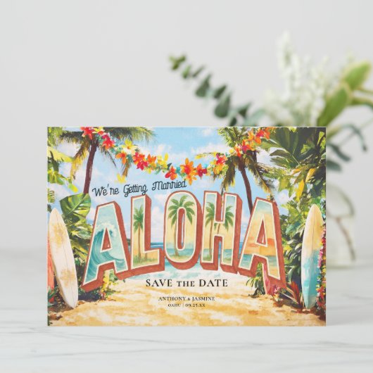 Save The Date Plage Retro | Mariage tropical Aloha (Debout devant)