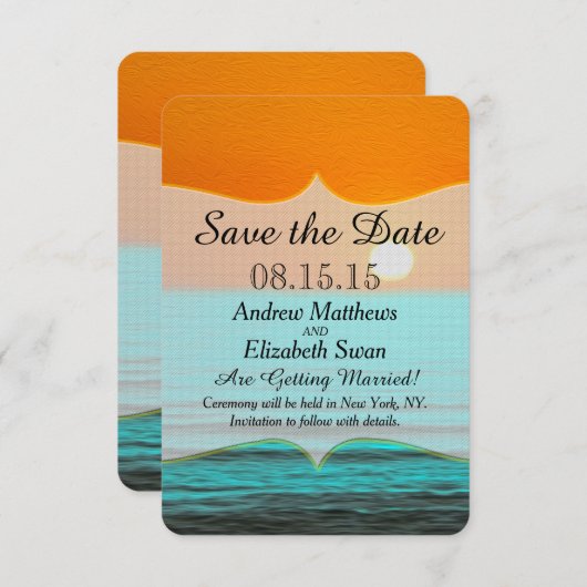Save The Date Plage Sunrise Peinture dans Ciel Orange & Eau Turq (Devant / Derrière)