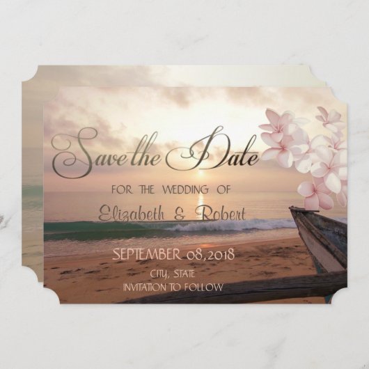 Save The Date Plage Sunset Mariage, Plumeria Enregistrer La Date (Devant / Derrière)