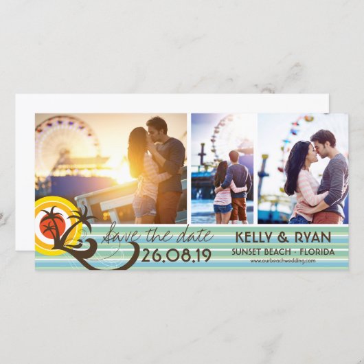 Save The Date Plage Tropical Plage Sunset Palm Trees 3 Photo (Devant / Derrière)