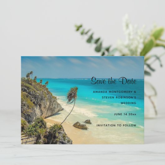 Save The Date Plage tropicale aux palmiers balayés par le vent (Debout devant)