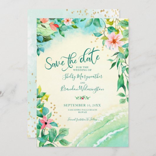 Save The Date Plage tropicale Destination Aquarelle Florale (Devant / Derrière)