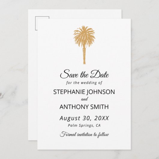 Save The Date Plage tropicale Gold Palm Tree Destination Mariage (Devant / Derrière)