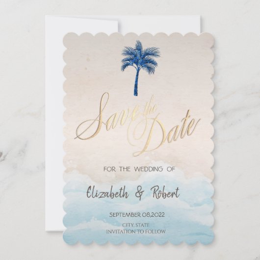Save The Date Plage Tropicale Paillettes Palmier (Devant)