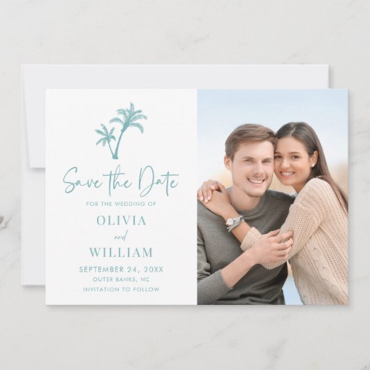 Save The Date Plage tropicale Palm Tree Aqua Blue Mariage Photo (Devant)
