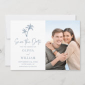 Save The Date Plage tropicale Palm Tree Dusty Blue Mariage Photo (Devant)
