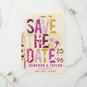 Save The Date Plage tropicale Palmiers roses Grunge Texte Photo