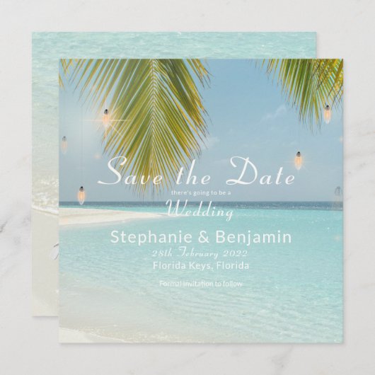 Save The Date Plage tropicale Turquoise Palm Tree Carré plat (Devant / Derrière)