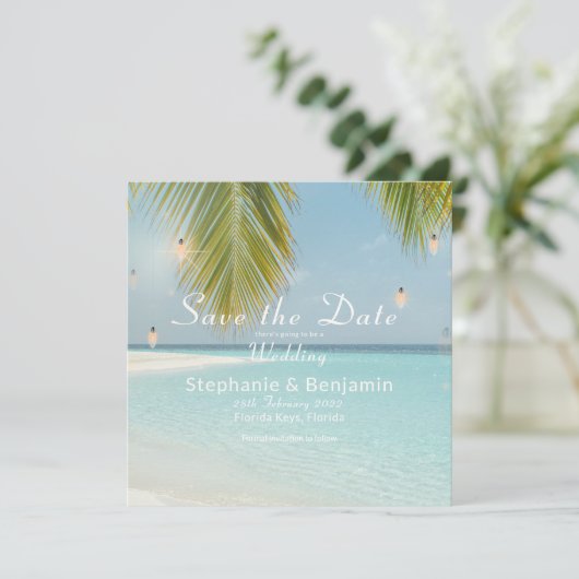 Save The Date Plage tropicale Turquoise Palm Tree Carré plat (Debout devant)