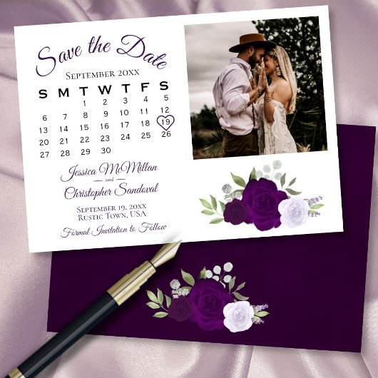Save The Date Plum & Dusty Purple Rose Calendrier et photo