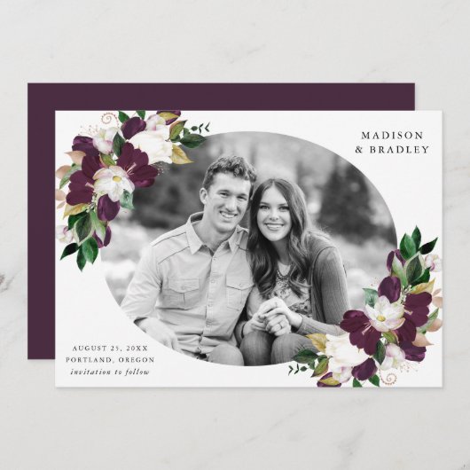 Save The Date Plum floral foncé | Photo Enregistrer La Date (Devant / Derrière)