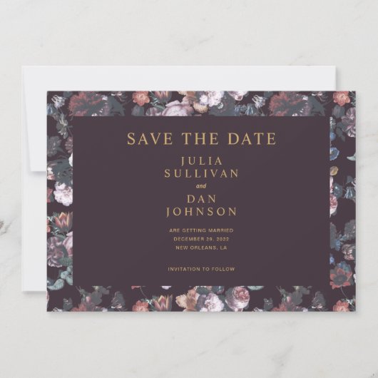 Save The Date Plum foncé violet Moody Floral Mariage (Devant)