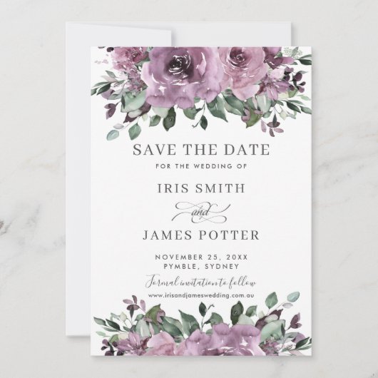 Save The Date Plum mauve rustique violet Mariage de verdure fleu (Devant)