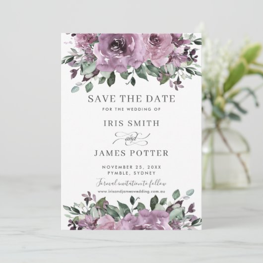 Save The Date Plum mauve rustique violet Mariage de verdure fleu (Debout devant)