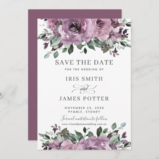 Save The Date Plum mauve rustique violet Mariage de verdure fleu (Devant / Derrière)