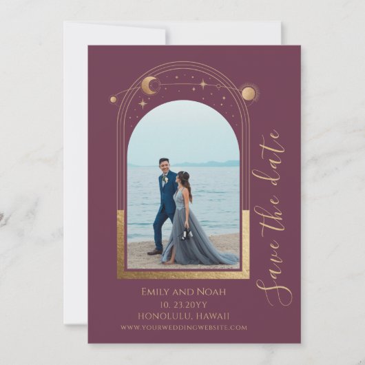 Save The Date Plum mystique Or Soleil Lune Étoiles Espace (Devant)