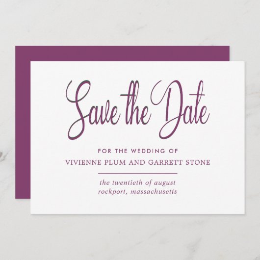 Save The Date Plum profond et calligraphie blanche Enregistrer l (Devant / Derrière)