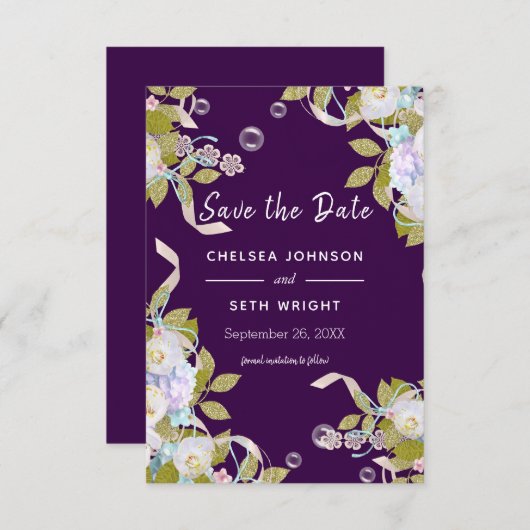 Save the Date Plum Purple and Spring Floral (Voorkant / Achterkant)