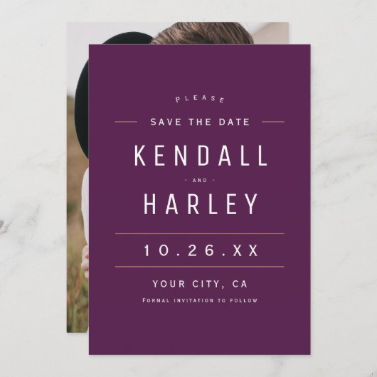 Save The Date Plum Purple Moderne Typographie Chic Simple Photo (Devant / Derrière)
