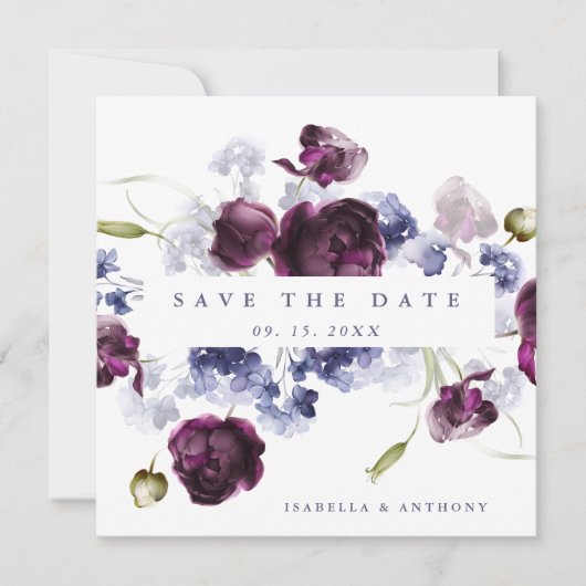 Save The Date Plum romantique violet & Indigo Mariage Floral ble (Devant)