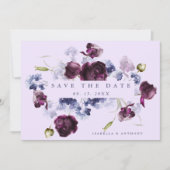 Save The Date Plum violet & Indigo bleu Mariage floral photo (Devant)