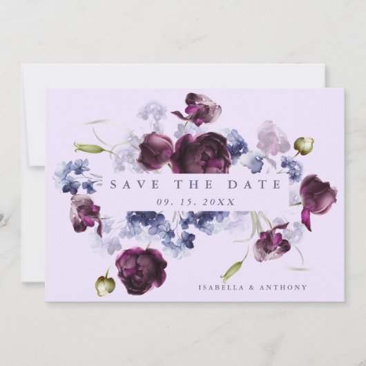 Save The Date Plum violet & Indigo bleu Mariage floral photo (Devant)