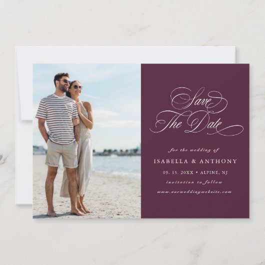 Save The Date Plum violet & Indigo bleu Mariage floral photo (Dos)
