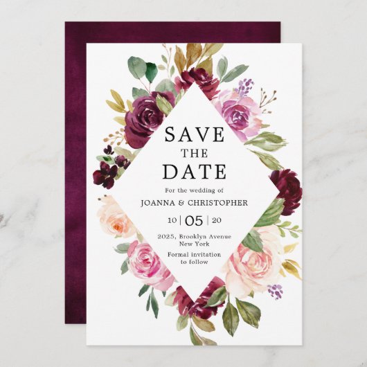 Save The Date Plum violet rose pâle Mariage géométrique floral (Devant / Derrière)