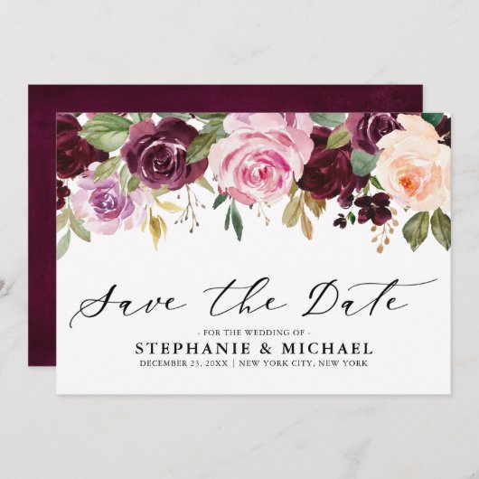 Save The Date Plum violet rose pâle Mariage végétal (Devant / Derrière)